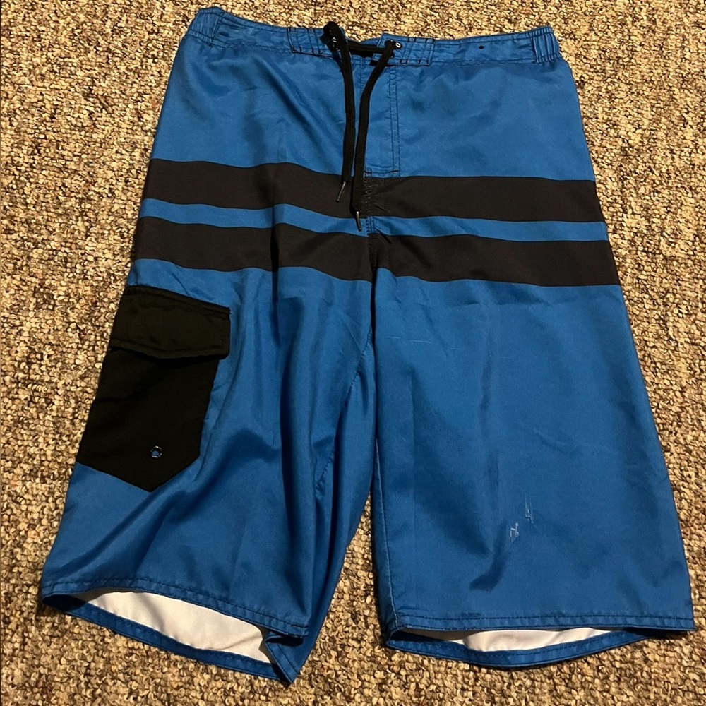 Blue and Black Swim Trunks with Drawstring Waist